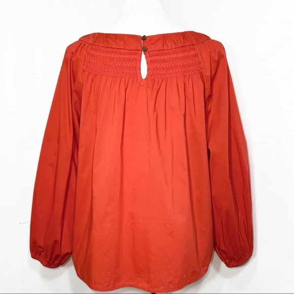 SOLD-Anthropologie Smocked Embroidered Coral Red Peasant Blouse - Picture 3 of 9